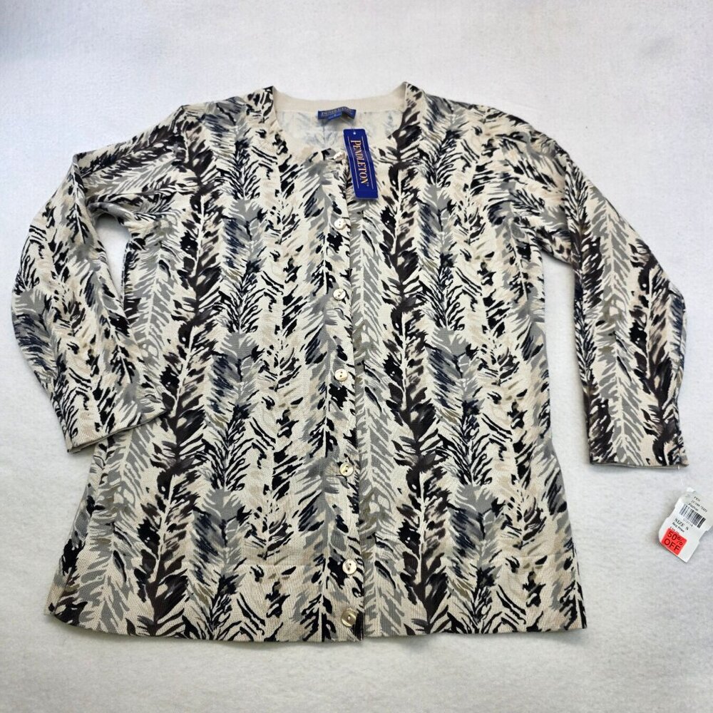 Pendleton Patterned Cardigan Sweater S Cream Black Cotton Casual Layer Workwear